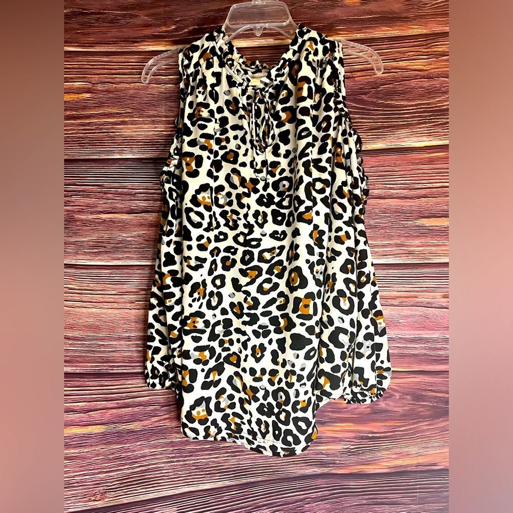 Cooper & Ella Animal Print Long Puff Sleeve Blouse Top Cold Shoulder Ruffled.